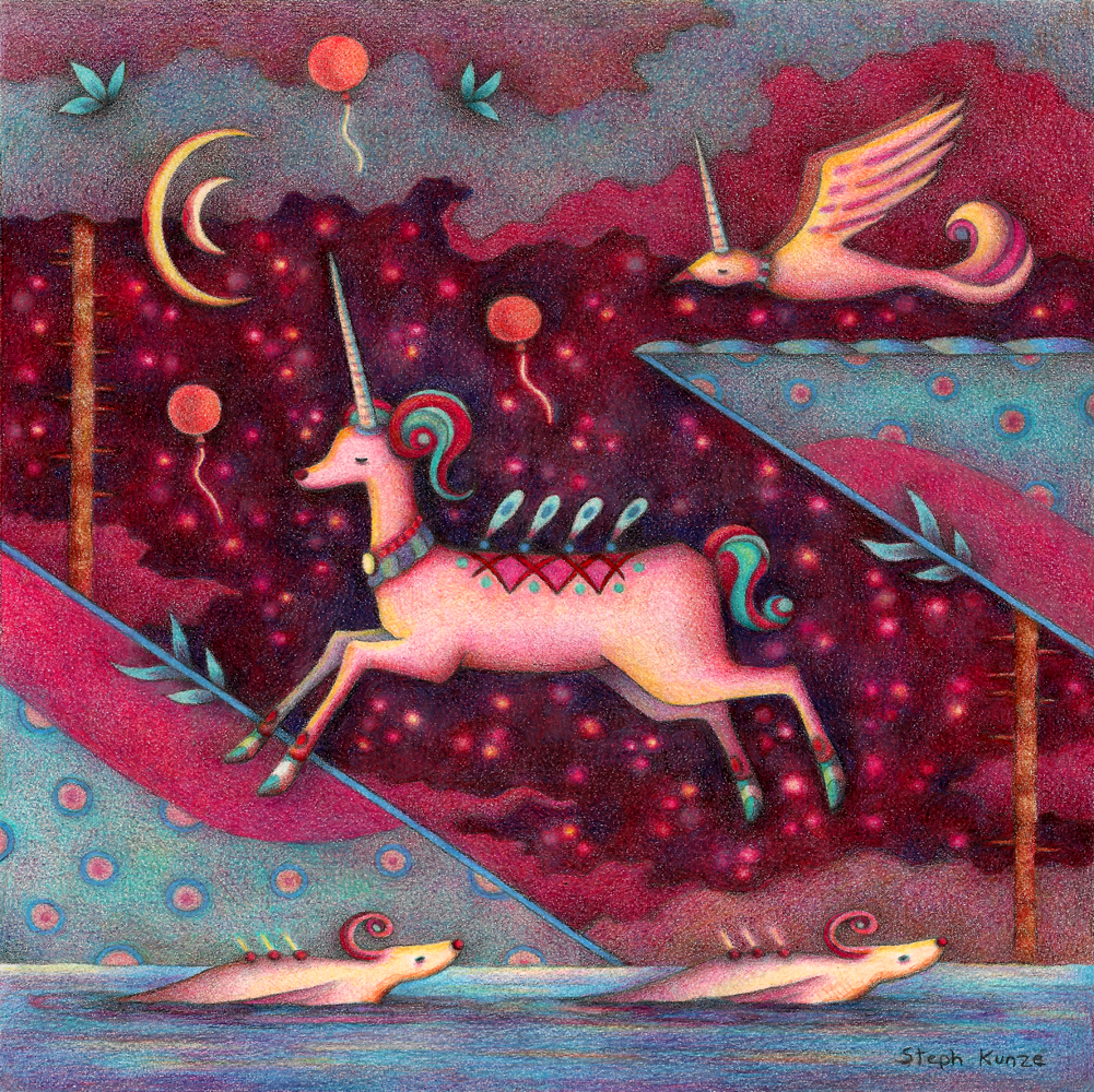 Colored pencil drawing of a pink deer with a unicorn horn floating in a starry red landscape with balloons and creatures, by artist Steph Kunze