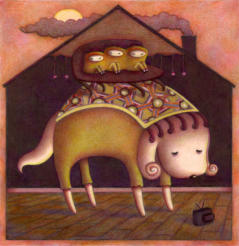 Illustration of a large puppy and three tiny people watching TV in a house, by artist Steph Kunze
