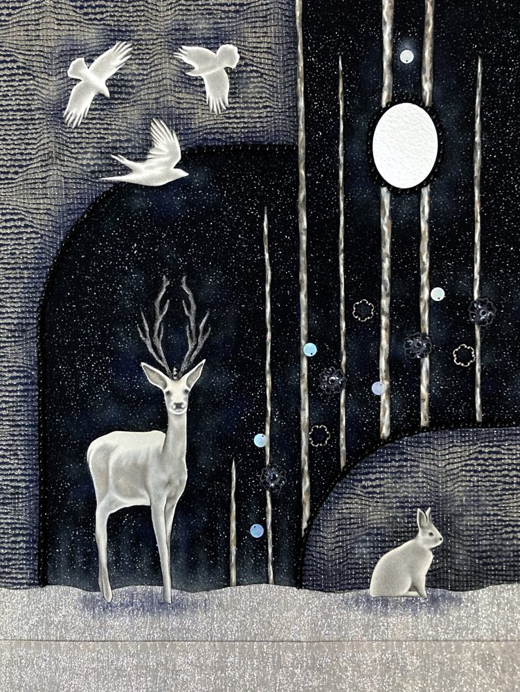Surreal textile art collage of deer and rabbit in night scene, by artist Steph Kunze