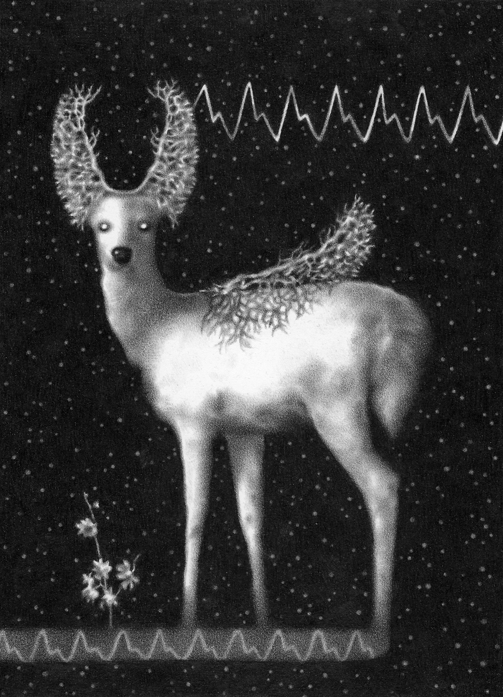 Graphite drawing of a deer with a lung wing and ears with heart rate monitors, by artist Steph Kunze