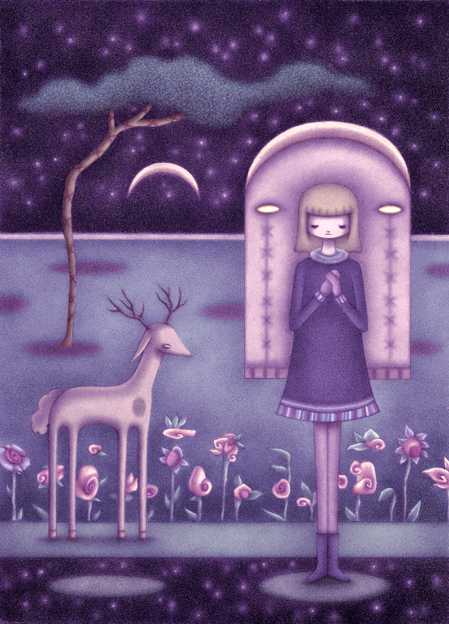 Original illustration of a girl and deer in a purple dreamlike landscape, by artist Steph Kunze
