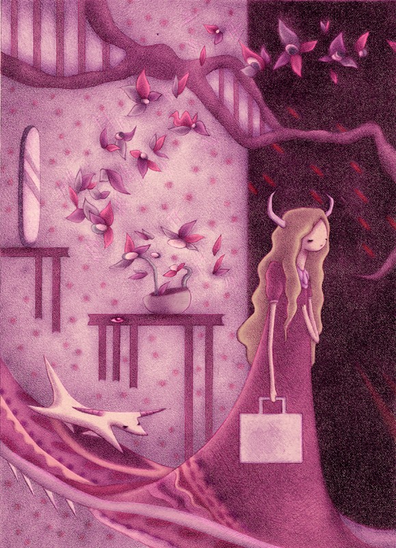 Illustration of a girl in a long, flowing pink dress with horns and baggage in an interior pink scene, by artist Steph Kunze