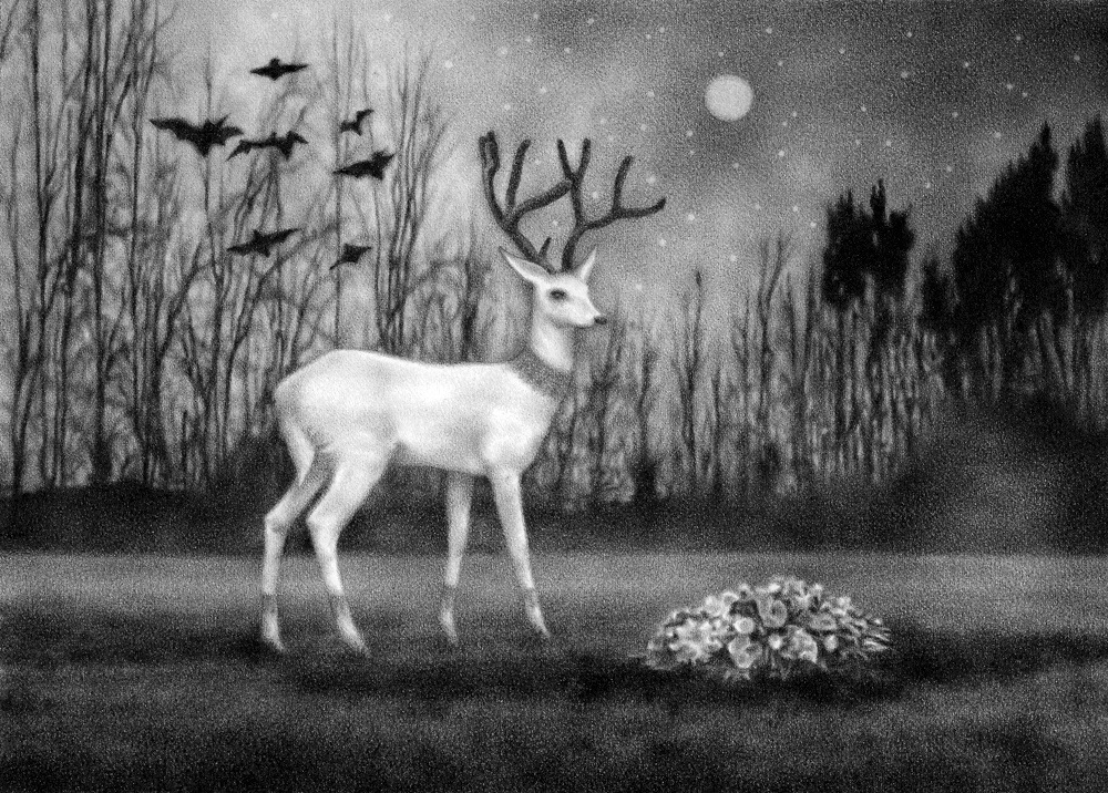 Graphite drawing of a white deer standing over a grave of flowers, by artist Steph Kunze