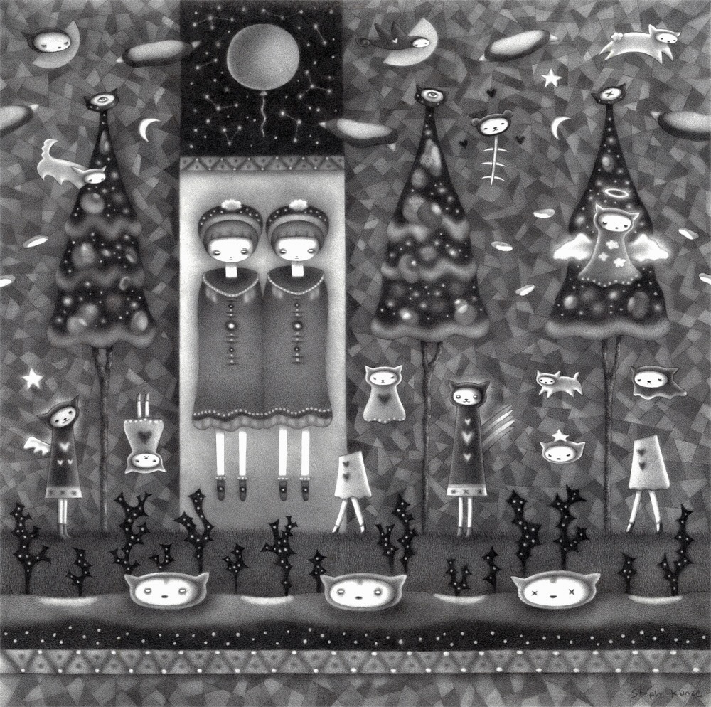 Graphite drawing of conjoined sisters and cat-like creatures in a surreal taiga forest, by artist Steph Kunze