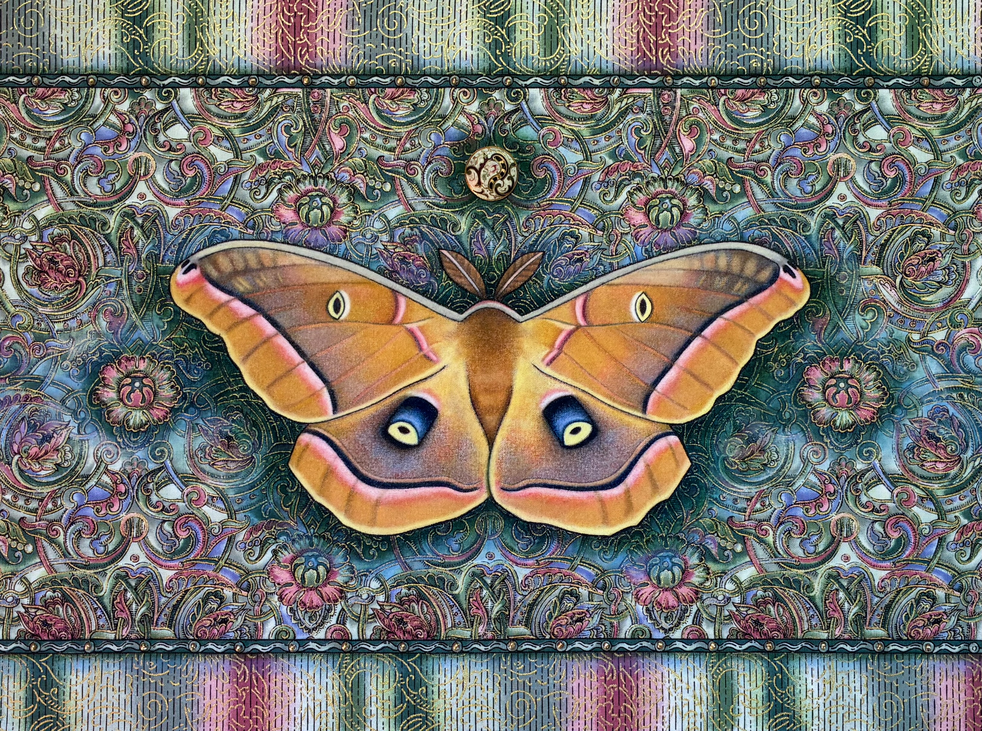 Traditional mixed media art piece of a Polyphemus moth