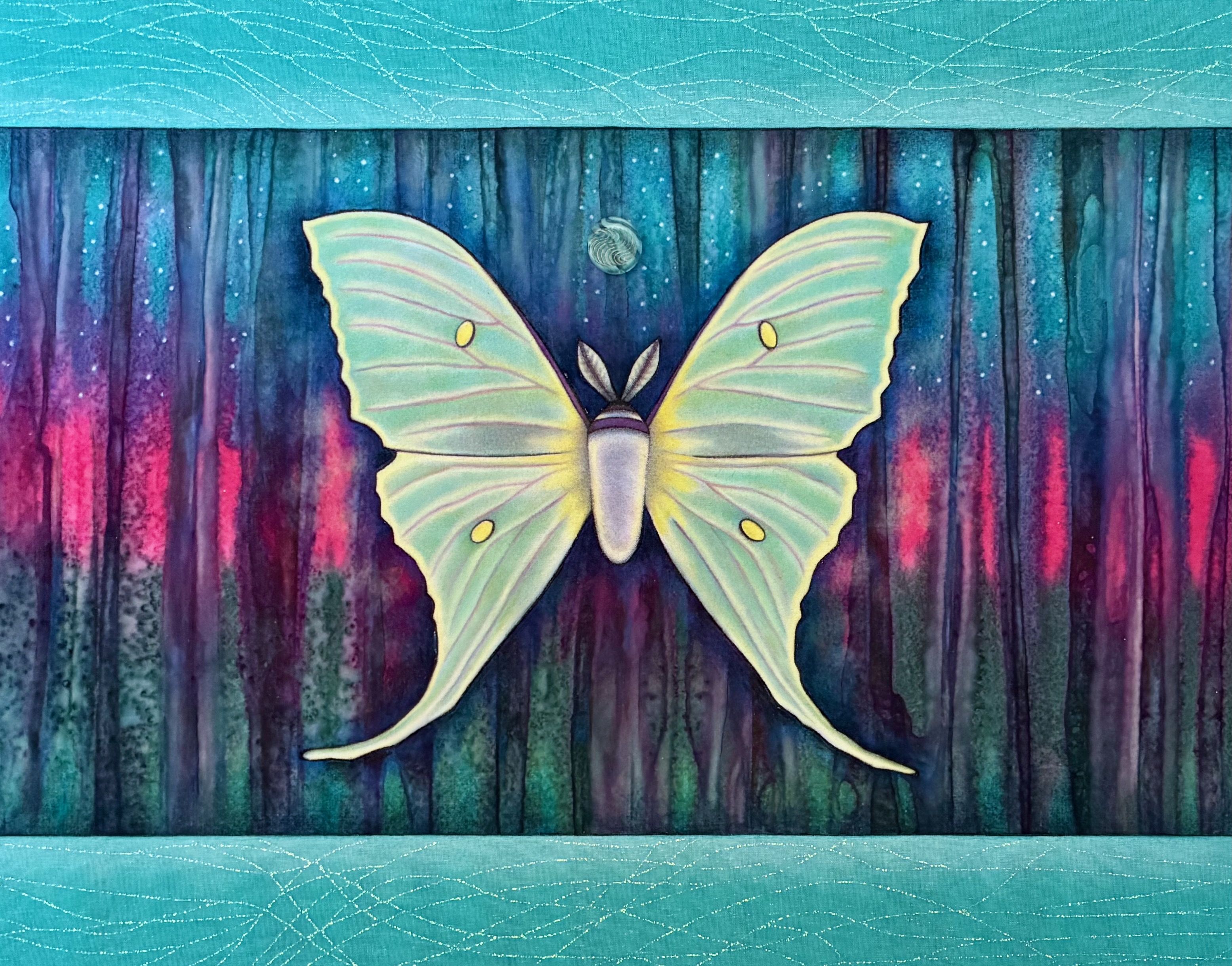 Traditional mixed media art piece of a Japanese moon moth