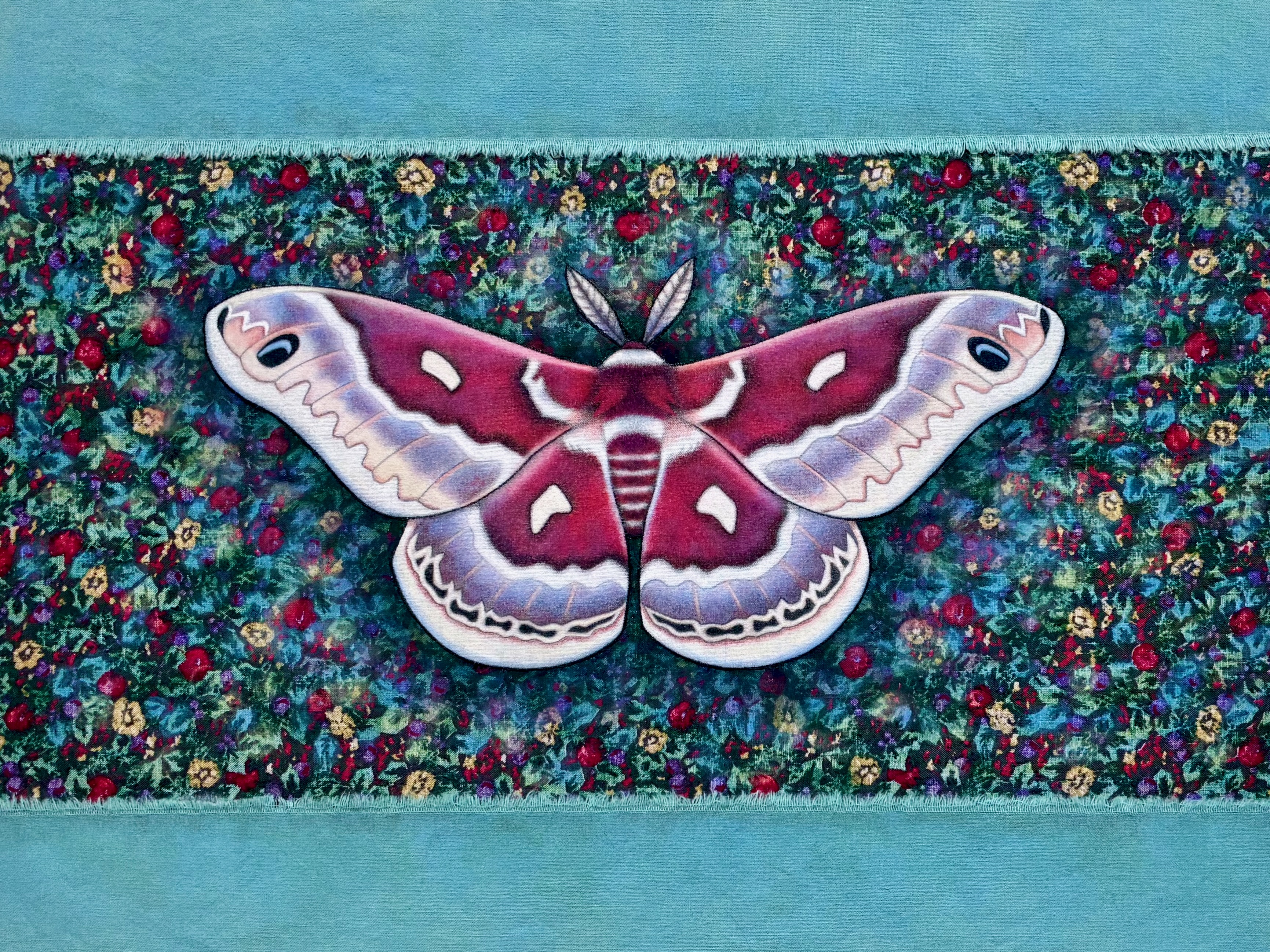 Traditional mixed media textile artwork of a Columbia silkmoth, by artist Steph Kunze