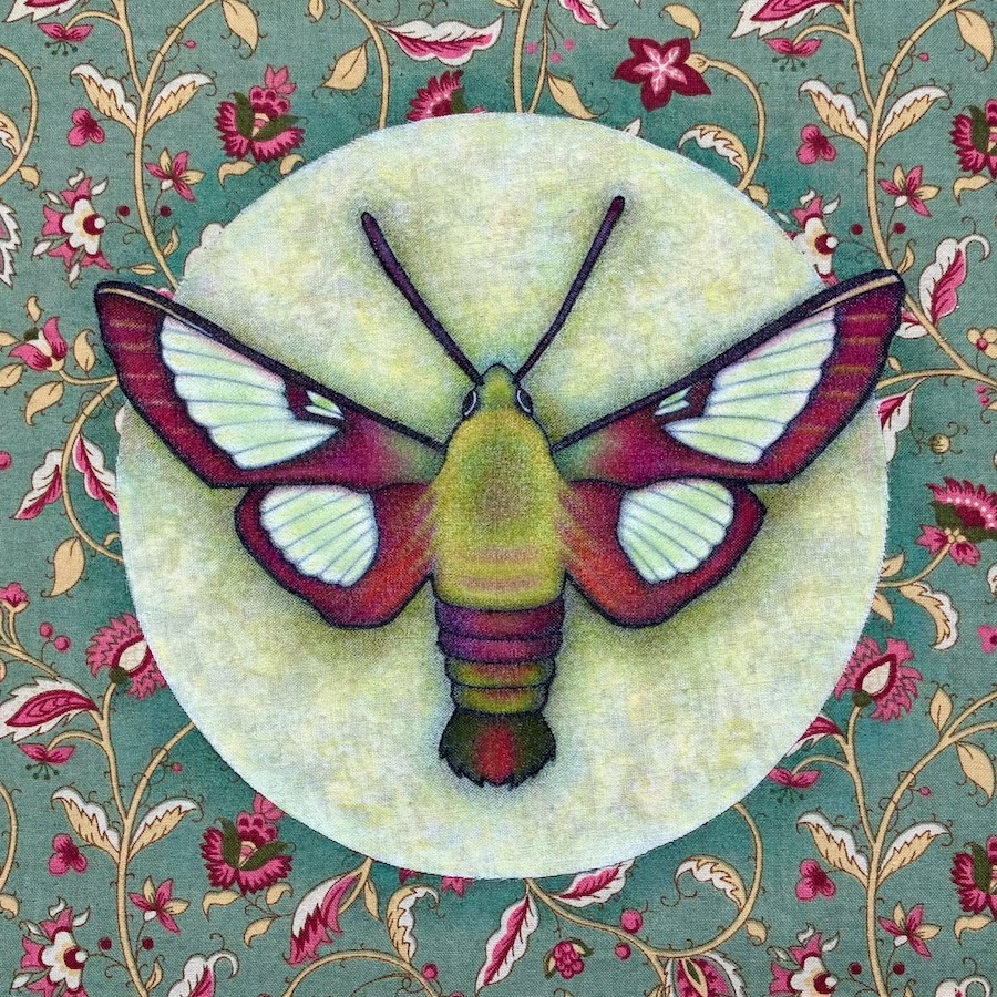 Textile art collage and naturalistic illustration of a hummingbird clearwing moth, by artist Steph Kunze