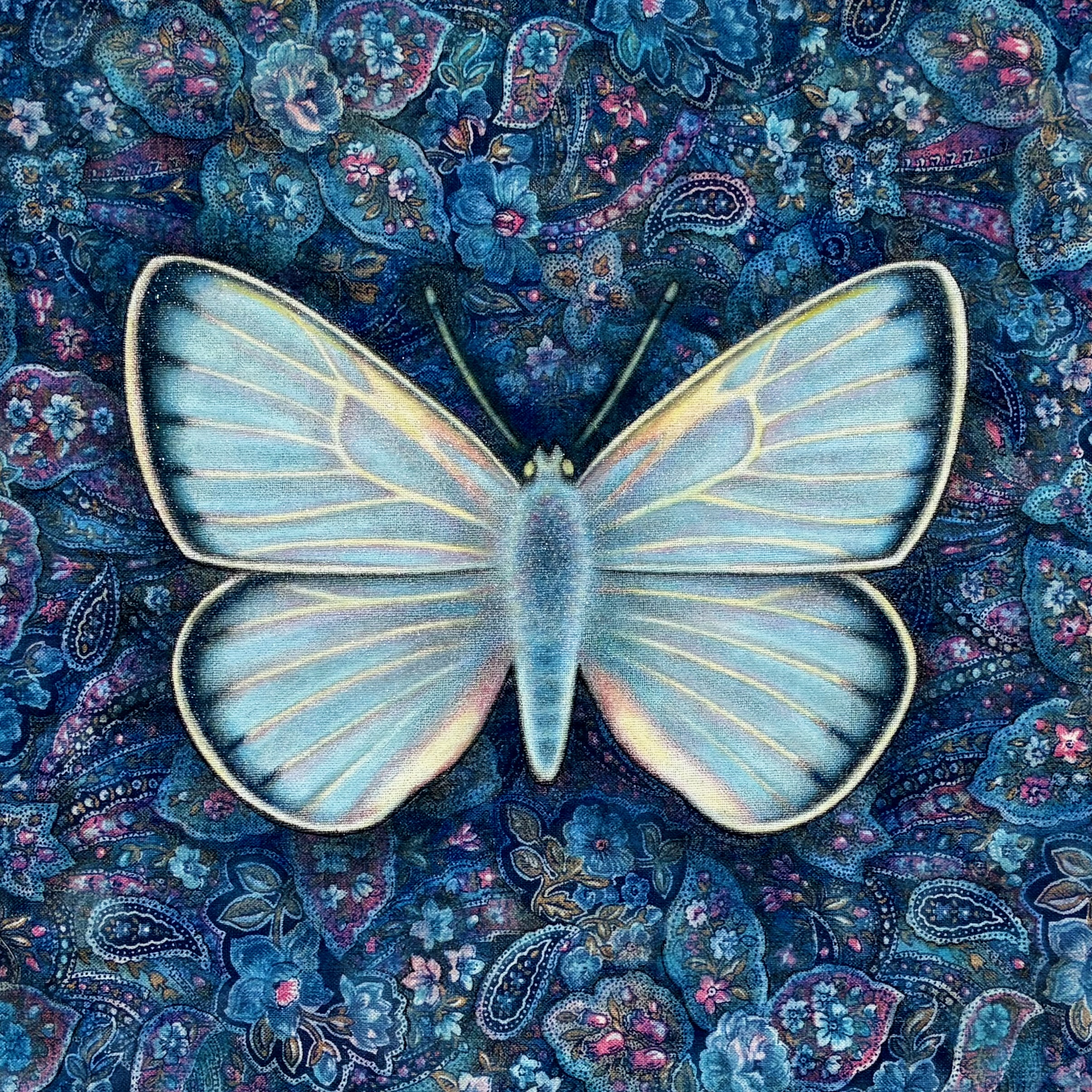 Textile mixed media artwork of a silvery blue butterfly