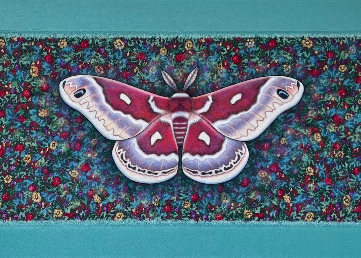 Traditional mixed media textile artwork of a Columbia silkmoth, by artist Steph Kunze