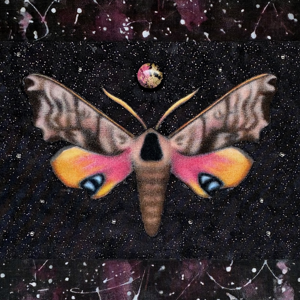 Art fabric collage of a one-eyed sphinx moth